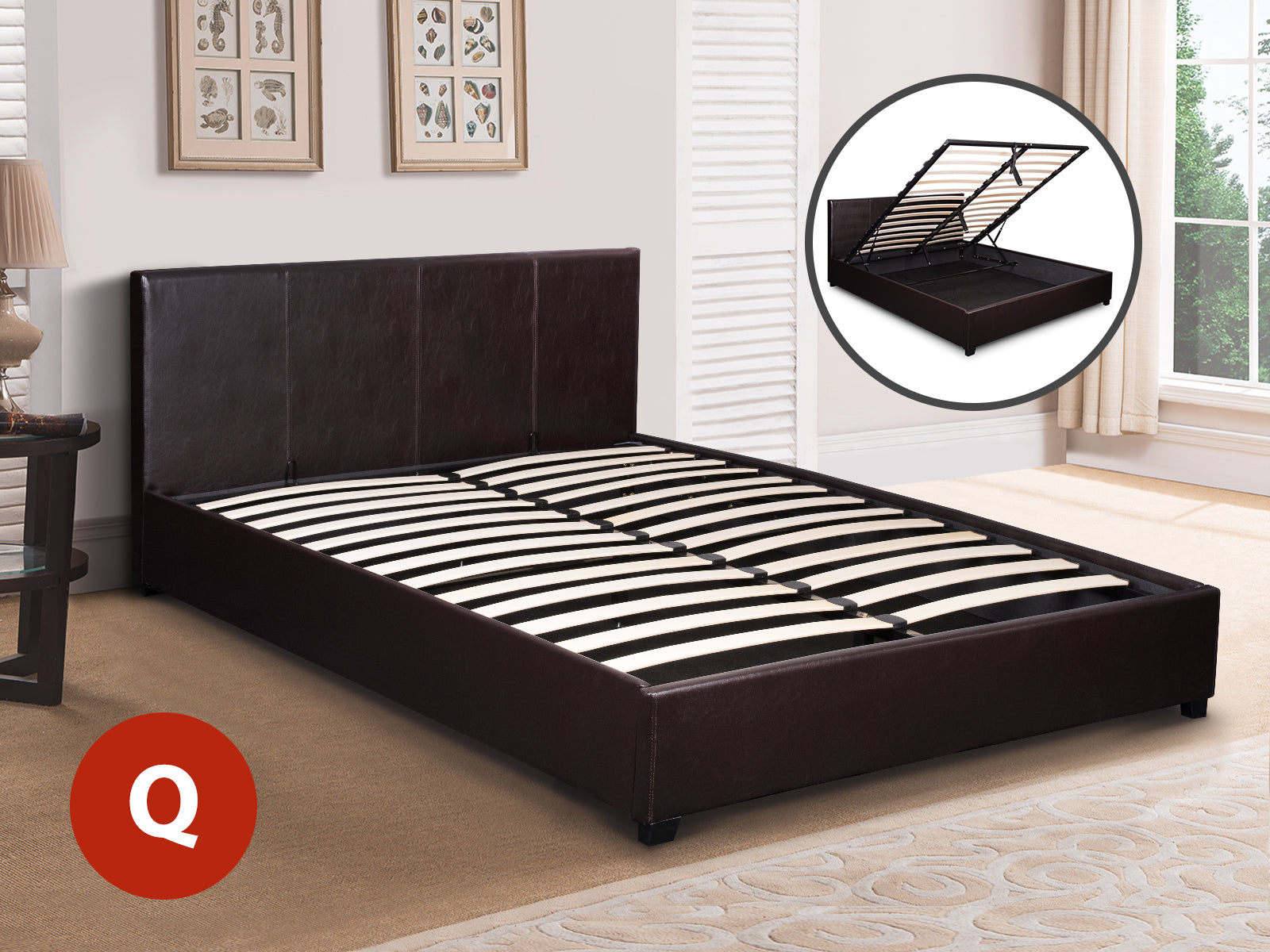 Bass Storage Bed Frame PU Dark Brown - Queen